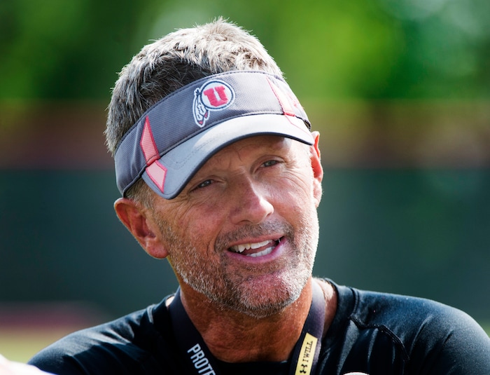 (Rick Egan  |  The Salt Lake Tribune)Utah head coach Kyle Whittingham talks to the media after practice, Monday, August 7, 2017.