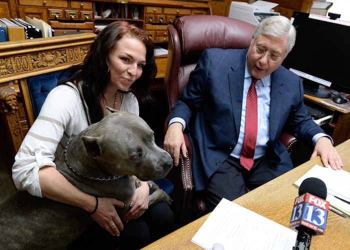 (Francisco Kjolseth | The Salt Lake Tribune) Kiersten Pyke, 26, is joined by her emotional support dog named Diesel and her attorney Bob Sykes on Monday, May 7, 2018, in Salt Lake City to talk about their filed case in state court involving serious sexual abuse against actor Tom Sizemore. In 2003, when Kiersten was an 11-year-old child actress, she was costarring in a movie filmed in Utah where Sizemore played her father. While she was on the set during scenes, Sizemore allegedly abused the young girl.
