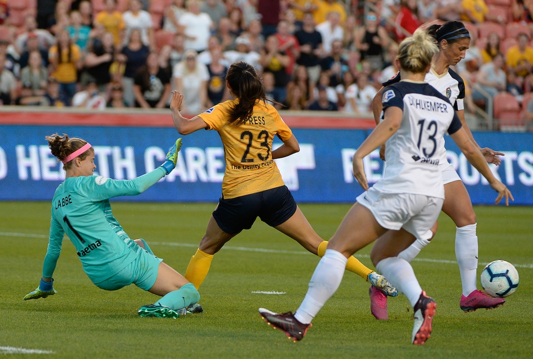 (Francisco Kjolseth  |  The Salt Lake Tribune)  Utah Royals FC forward Christen Press (23) gets the ball taken away as Utah Royals FC hosts the North Carolina Courage at Rio Tinto Stadium in Sandy, Utah on Saturday, July 27, 2019.