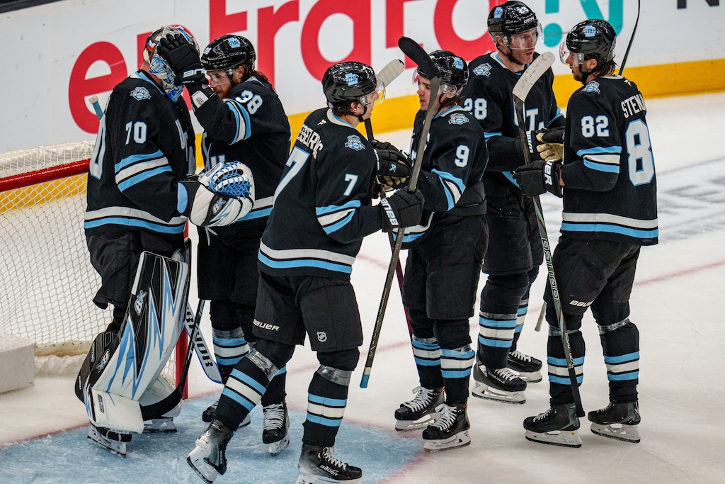 (Trent Nelson  |  The Salt Lake Tribune) Utah Hockey Club celebrates a win over the Minnesota Wild, NHL hockey in Salt Lake City on Thursday, Feb. 27, 2025.