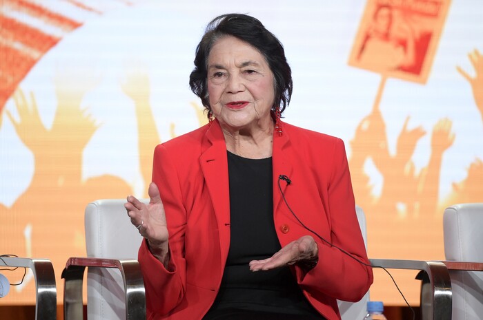 FILE - In this Jan. 16, 2018, file photo, Dolores Huerta participates in the "Dolores" panel during the PBS Television Critics Association Winter Press Tour in Pasadena, Calif. Huerta, the social activist who formed a farm workers union with César Chávez and whose "Si, Se Puede" chant inspired Barack Obama's 2008 presidential campaign slogan, is the subject of a new PBS documentary. The film "Dolores" examines the life of the New Mexico-born Mexican-American reformer from her time as a tireless United Farm Workers leader and a campaign volunteer for Sen. Robert Kennedy's 1968 presidential run. (Photo by Richard Shotwell/Invision/AP, File)