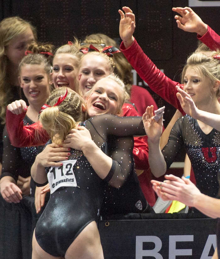 Rick Egan  |  The Salt Lake TribuneUtah congratulates Maddy Stover after her balance beam routine, in the NCAA Regional Championships, at the Huntsman Center, Saturday, April 2, 2016.