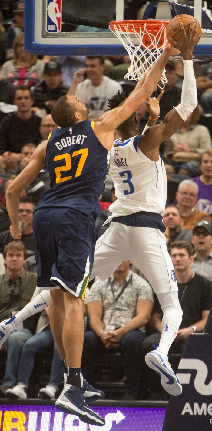 (Rick Egan  |  The Salt Lake Tribune)  Utah Jazz center Rudy Gobert (27) blocks a shot by Dallas Mavericks forward Nerlens Noel (3), in NBA action Utah Jazz vs. Dallas Mavericks, in Salt Lake City, Monday, October 30, 2017.