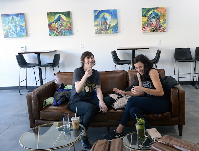(Al Hartmann  |  The Salt Lake Tribune) 	
Customers Jamie Coates, left, and her sister Julia LeBaron enjoy a laugh and coffee at Maud's, a cafe-coffee shop at 422 W. 900 South, Salt Lake City. They visit the cafe for coffee after their twice a week yoga class.  The cafe-coffee shop gives youth living at VOA's shelter a chance to gain work experience and a little money before taking on the world.
