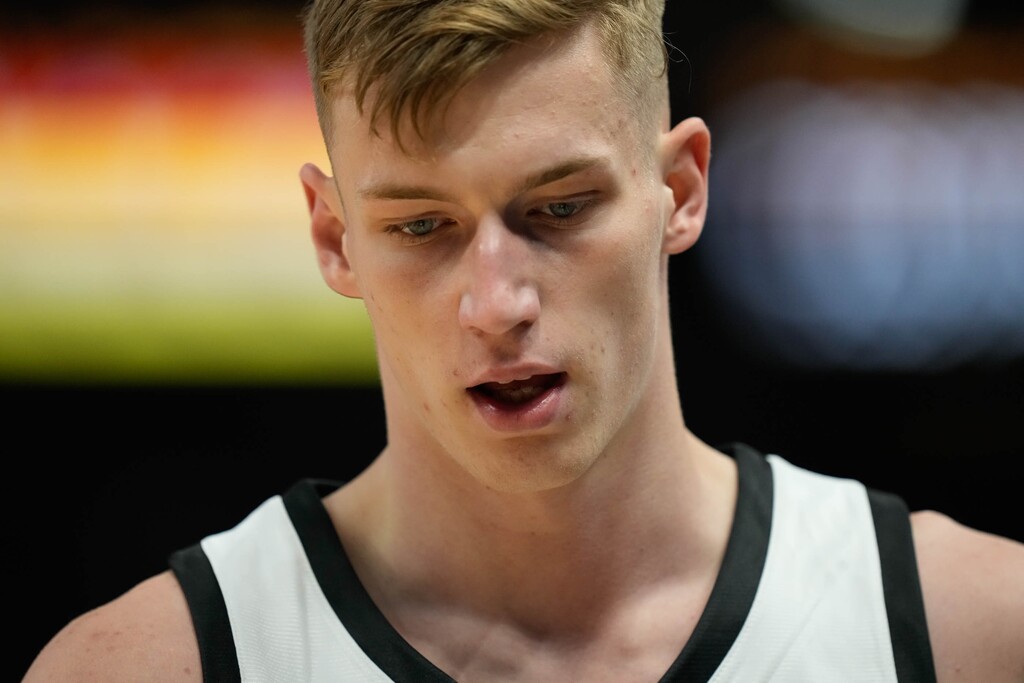 (Francisco Kjolseth | The Salt Lake Tribune) Utah Jazz forward Luka Samanic (19) during an NBA Summer League basketball game Wednesday, July 5, 2023, at the Delta Center in Salt Lake City.