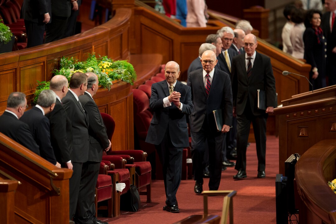 (Jeremy Harmon  |  The Salt Lake Tribune)  President Russell M. Nelson enters the Conference Center at the start of the Sunday afternoon session of General Conference on April 1, 2018.