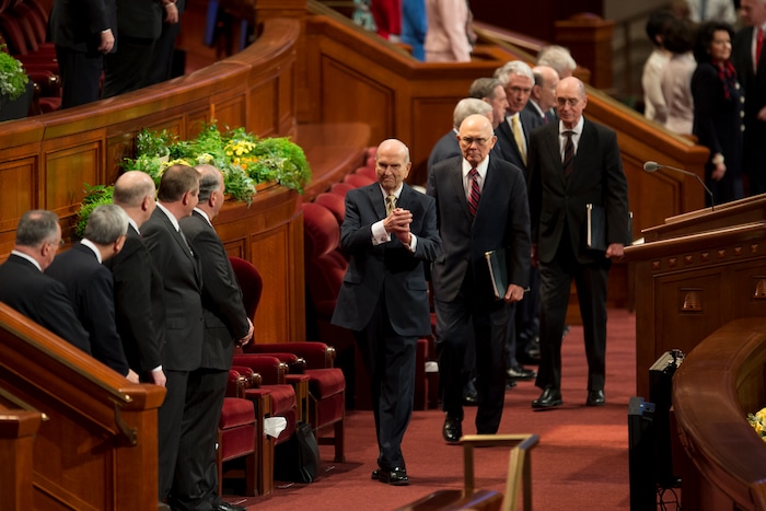 (Jeremy Harmon  |  The Salt Lake Tribune)  President Russell M. Nelson enters the Conference Center at the start of the Sunday afternoon session of General Conference on April 1, 2018.