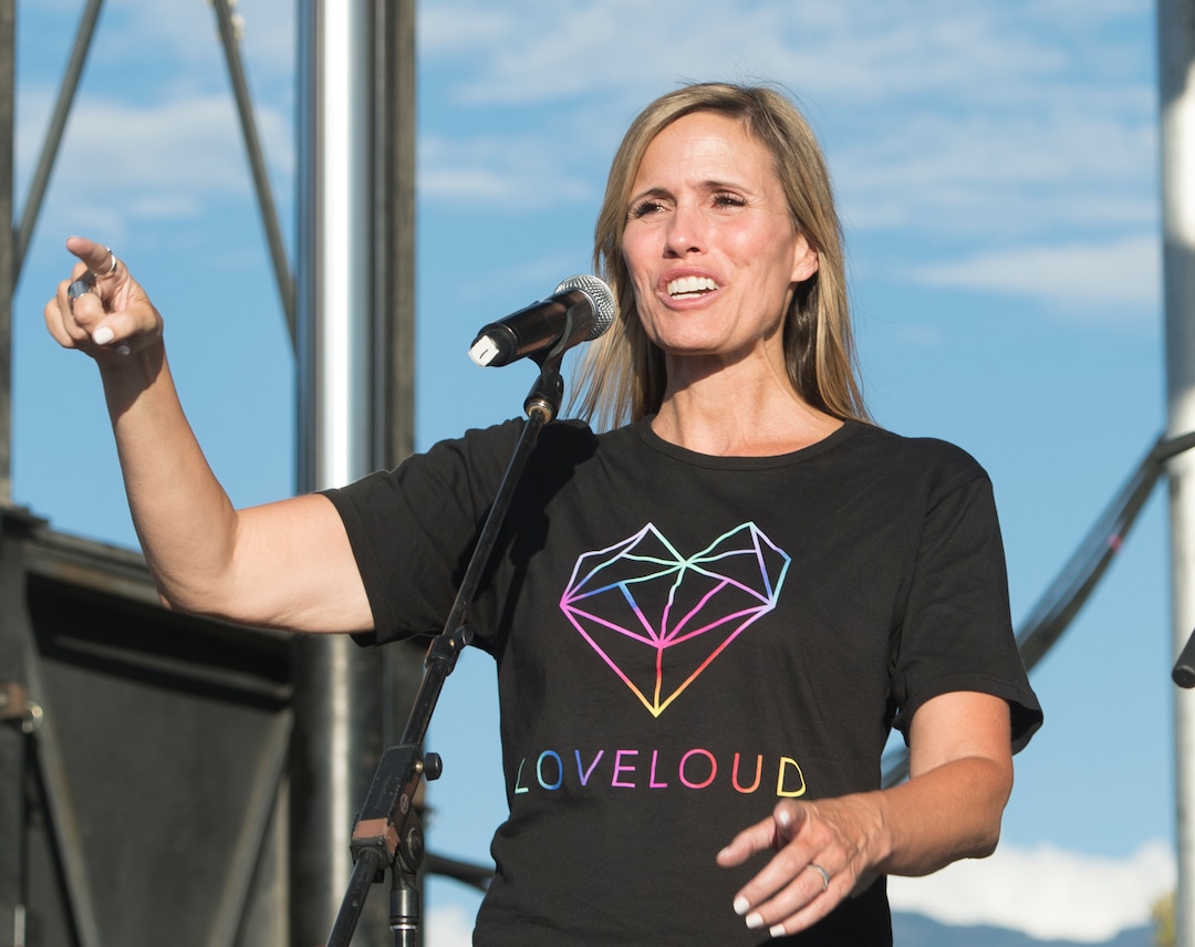 (Rick Egan  |  The Salt Lake Tribune)Barb Young speaks to the crowd at the LoveLoud Festival at Brent Brown Ballpark at UVU campus, Saturday, August 26, 2017.