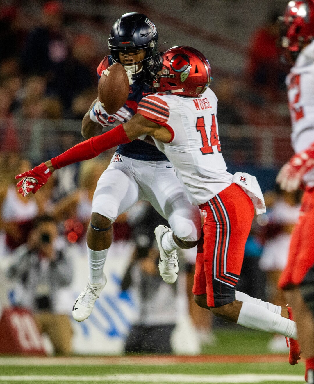 (Rick Egan  |  The Salt Lake Tribune)     Utah Utes defensive back Josh Nurse (14) defects a Arizona Wildcats pass, in PAC-12 action between the Utah Utes and the Arizona Wildcats in Tucson, Saturday, Nov. 23, 2019.