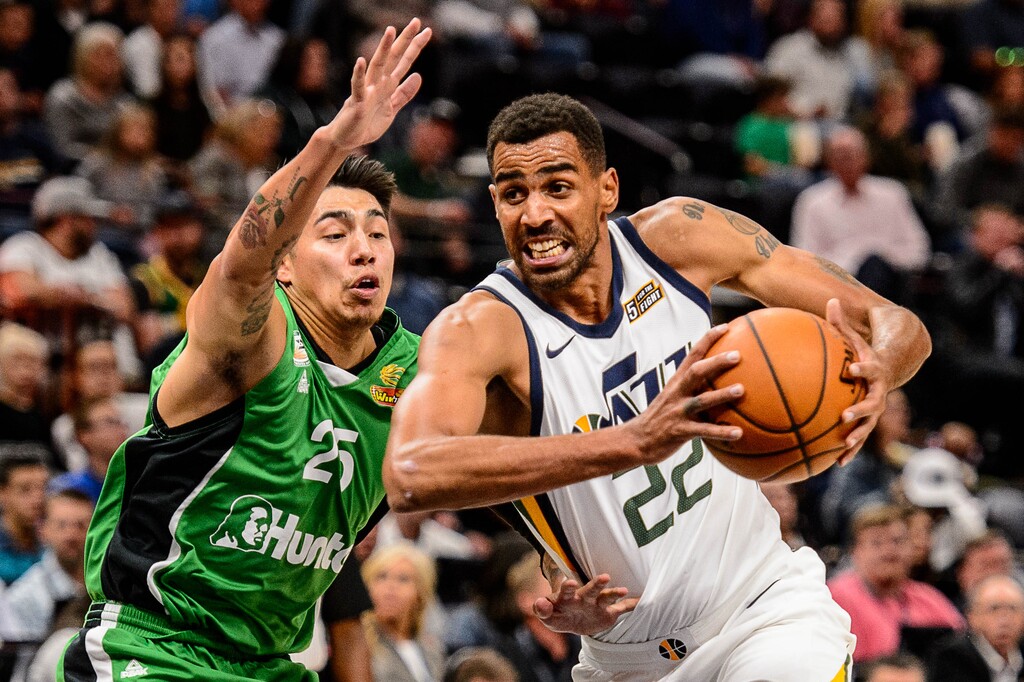 (Trent Nelson | The Salt Lake Tribune)  Utah Jazz forward Thabo Sefolosha (22) drives past Maccabi Haifa's Luke Martinez as the Utah Jazz host Maccabi Haifa, preseason NBA basketball at Vivint Smart Home Arena in Salt Lake City Wednesday October 4, 2017. A fan told the Tribune that Sefolosha helped rescue a woman on the Provo River this offseason, which the Jazzman confirmed.