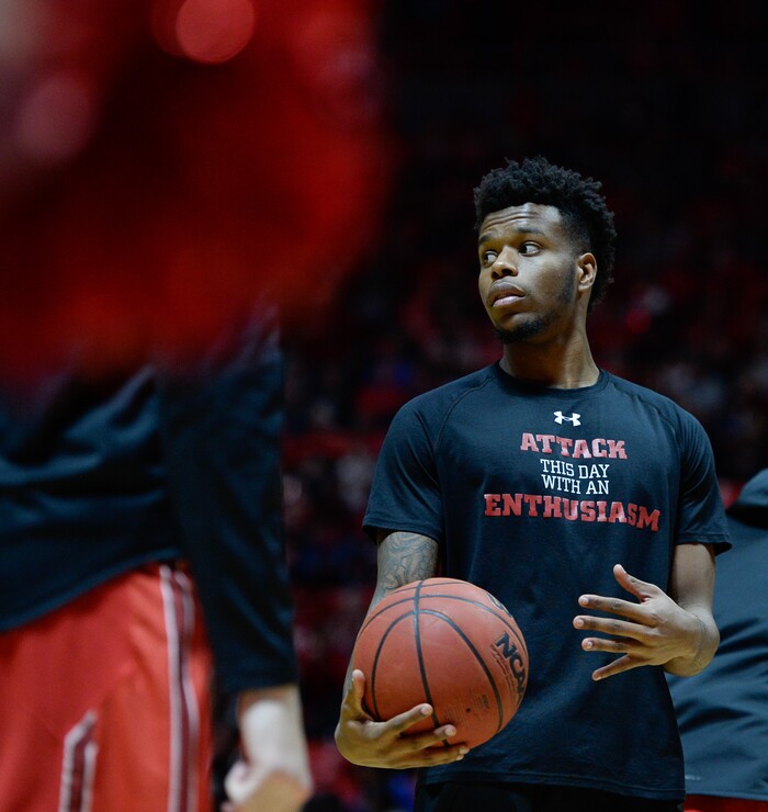 (Francisco Kjolseth  |  The Salt Lake Tribune)  Utes redshirt freshman Devante Doutrive practices with the rest of the team during their game against UCLA at the Huntsman Center on Thursday, Feb. 22, 2018. Doutrive, who is sitting out this season, is expected to have the biggest impact of any addition to next year's team. He has been allowed to practice this season but sits out of the games.