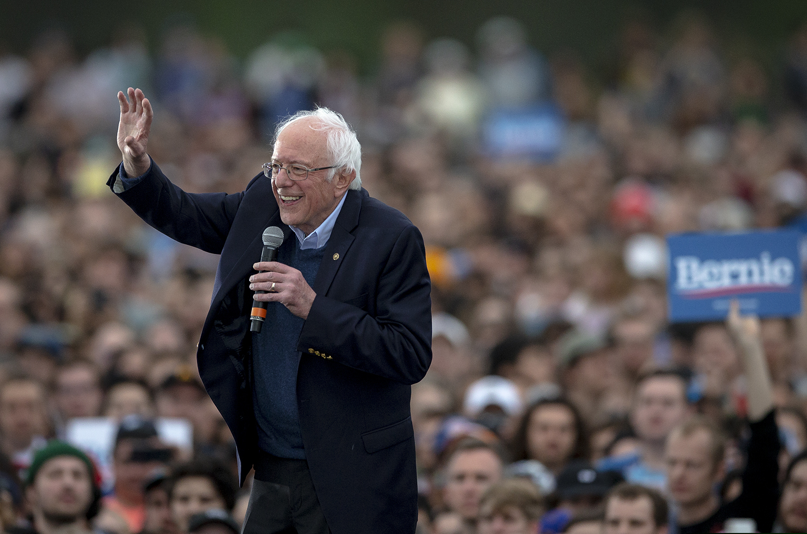 (Nick Wagner | Austin American-Statesman via AP) Democratic presidential candidate Sen. Bernie Sanders, I-Vt., smiles while the crowd chants his name during a campaign event on Sunday, Feb. 23, 2020, in Austin, Texas.