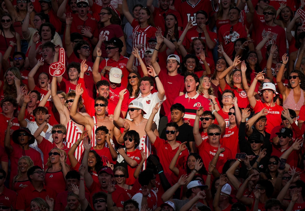 (Bethany Baker | The Salt Lake Tribune) Students in the MUSS cheer in the stands during the first half of the Utah football game against the Idaho Vandals at Rice-Eccles Stadium in Salt Lake City on Thursday, Sept. 3, 2026.