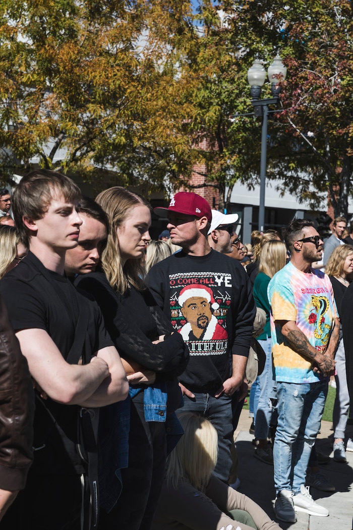 (Clark Clifford  |  Special to The Salt Lake Tribune)  A man in a Christmas themed Kanye West sweater during  Kanye West's Sunday Service at The Gateway in Salt Lake City on Saturday, Oct. 5, 2019.