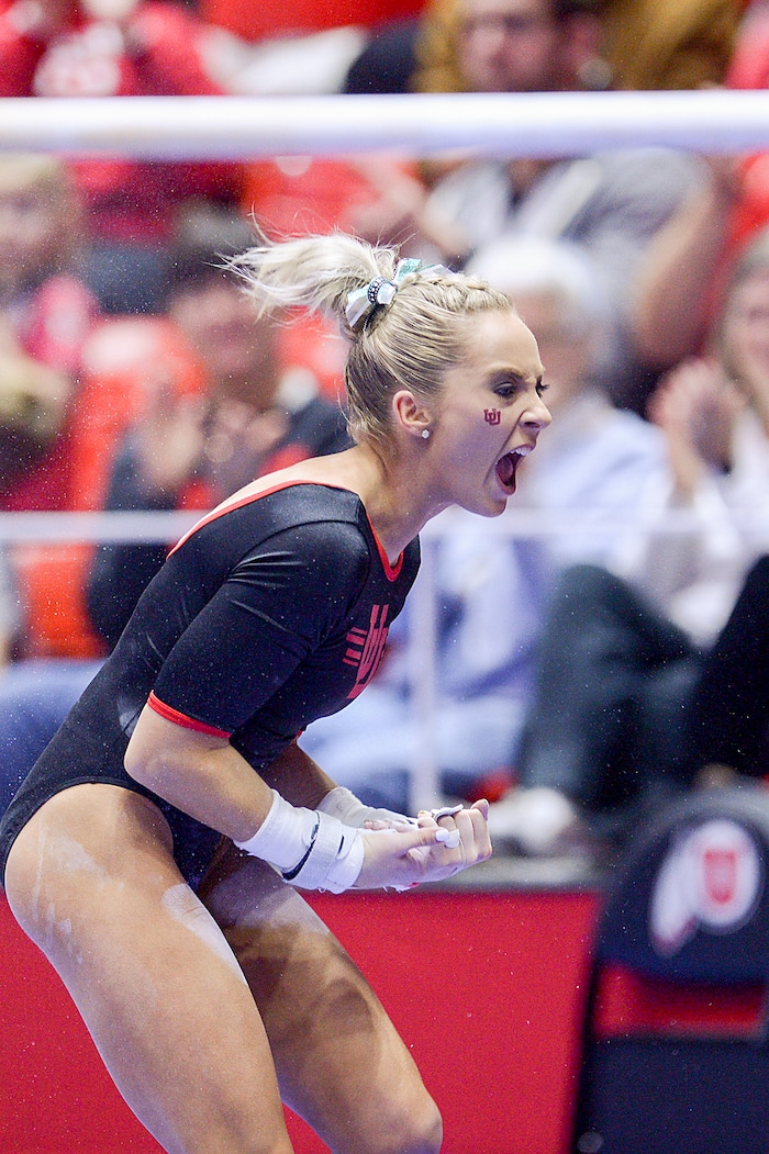 (Leah Hogsten  |  The Salt Lake Tribune) MyKayla Skinner on the bars Utah hosts Arizona State in Women's Gymnastics at Jon M. Huntsman Center, Friday, February 9, 2018. 