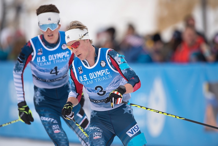 (Scott Sommerdorf   |  The Salt Lake Tribune)   
Jasper Good, left, and Ben Berend compete in the Nordic Combined 10K cross country race. Bryan Fletcher won the Nordic Combined Olympic Trials in Park City, Saturday, December 30, 2017.