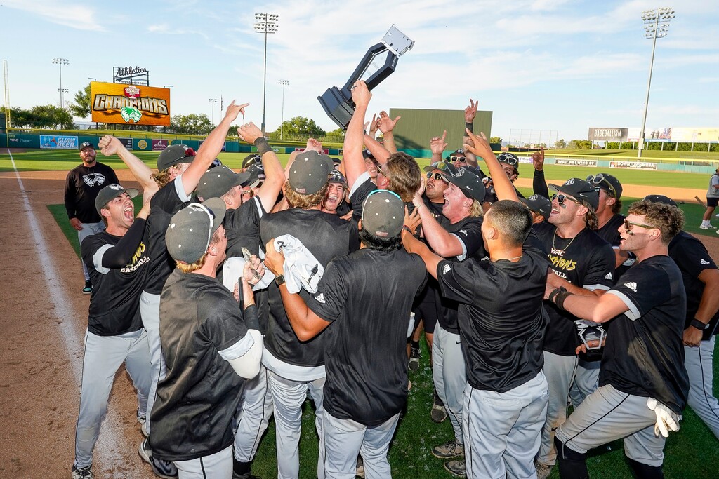 (UVU Athletics) Utah Valley University's baseball team celebrates winning the WAC championship on Saturday, May 24, 2025, after beating Abilene Christian University, 11-9, in Mesa, Arizona. UVU will go to Eugene, Oregon, for the NCAA regionals.