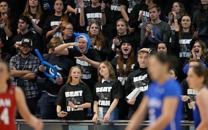 (Francisco Kjolseth | The Salt Lake Tribune) The BYU student section cheers on their team as they game slips away to a 59-76 loss against Utah at the Marriott Center in Provo, on Saturday, Dec. 10, 2022.