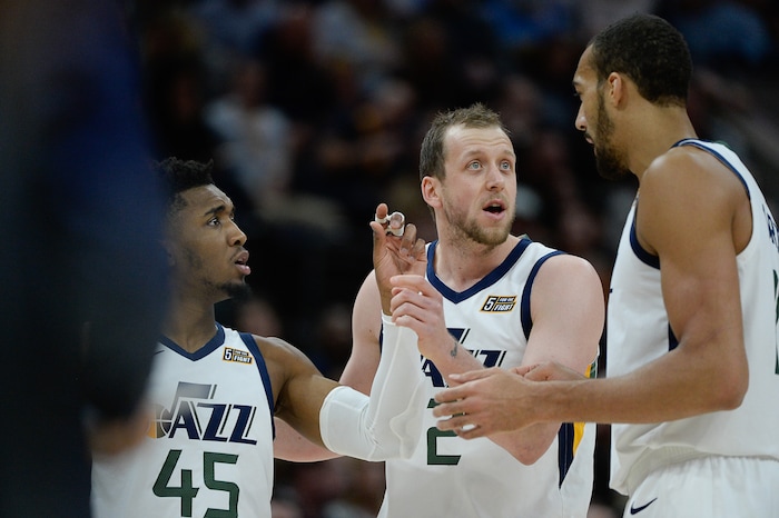 (Francisco Kjolseth  |  The Salt Lake Tribune)  Utah Jazz guard Donovan Mitchell (45) Utah Jazz forward Joe Ingles (2) and Utah Jazz center Rudy Gobert (27) gather as the Utah Jazz host the Sacramento Kings in their NBA game at Vivint Smart Home Arena Friday, April 5, 2019, in Salt Lake City.