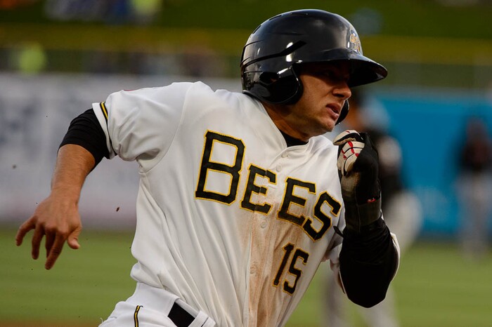 (Trent Nelson | The Salt Lake Tribune)  Salt Lake Bees vs. Albuquerque Isotopes, Triple-A baseball in Salt Lake City, Thursday April 5, 2018. Salt Lake's David Fletcher (15) rounds third in the second inning.