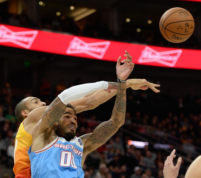 (Francisco Kjolseth  |  The Salt Lake Tribune)  Utah Jazz center Rudy Gobert (27) battles for a rebound with Sacramento Kings center Willie Cauley-Stein (00) in the NBA game at Vivint Smart Home Arena Wed., Nov. 21, 2018, in Salt Lake City.