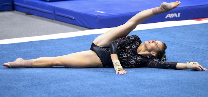 (Leah Hogsten  |  The Salt Lake Tribune)   Missy Reinstadtler performs her floor routine.  The fourth-ranked Utes compete against No. 9 California, No. 16 Auburn, No. 21 Brigham Young, Stanford and Southern Utah, during the the NCAA Regional Championships, Saturday, April 7, 2018 at the Huntsman Center. The top two teams advance to the NCAA Championships April 20-21 in St. Louis.Saturday, April 7, 2018, 