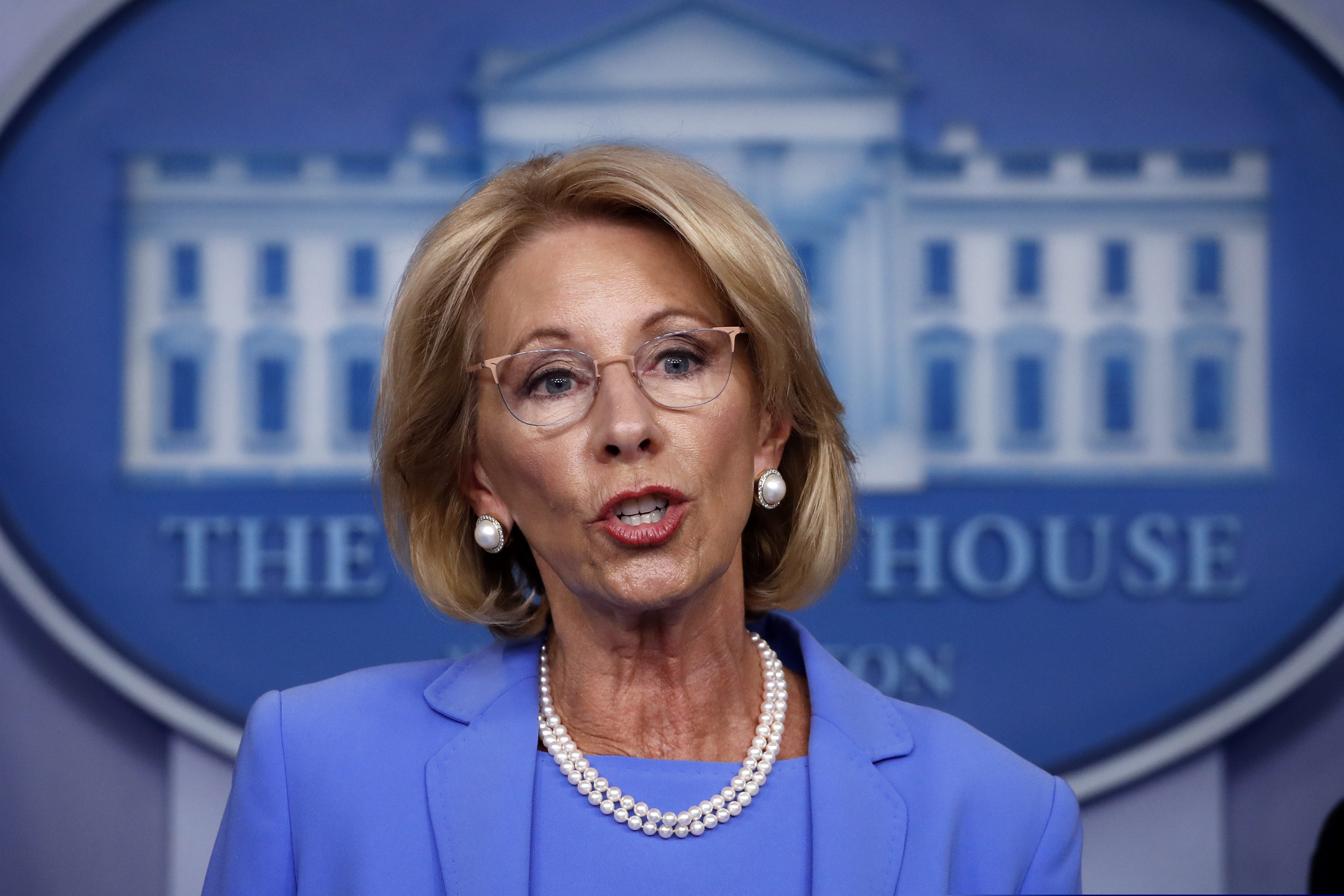 (Alex Brandon | AP file photo) Education Secretary Betsy DeVos speaks about the coronavirus in the James Brady Press Briefing Room in Washington on March 27, 2020.