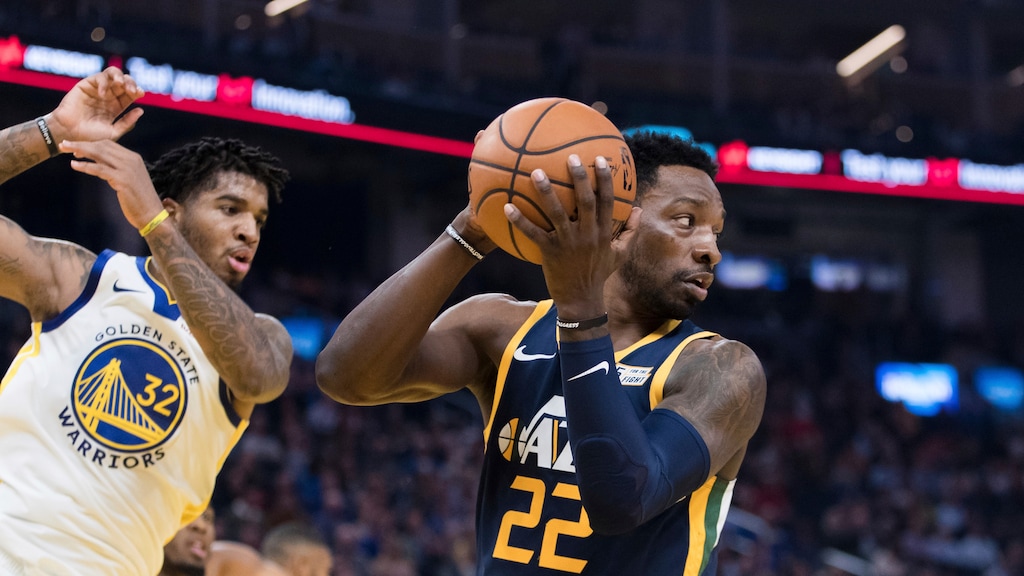 Utah Jazz forward Jeff Green (22) gets a rebound as Golden State Warriors forward Marquese Chriss (32) watches in the first half of an NBA basketball game in San Francisco, Monday, Nov. 11, 2019. (AP Photo/John Hefti)