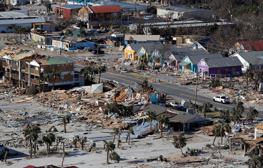 (Gerald Herbert  |  AP Photo) This Oct. 12, 2018 aerial file photo shows devastation from Hurricane Michael over Mexico Beach, Fla. A massive new federal report warns that extreme weather disasters, like California’s wildfires and 2018’s hurricanes, are worsening in the United States. The White House report quietly issued Friday, Nov. 23 also frequently contradicts President Donald Trump.