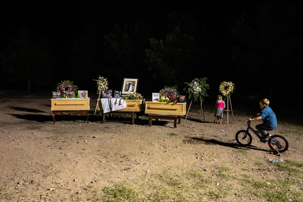 (Trent Nelson | Tribune file photo) Childrens' caskets and photographs are on display after the funeral for Maria Rhonita Miller and four of her children in La Mora, Sonora, Mexico, on Thursday Nov. 7, 2019. Three mothers and at six children were killed Monday, Nov. 4, 2019 in northern Mexico after they were ambushed and shot to death by gunmen. The children killed were Howard Jacob Jr., 12; Krystal Bellaine, 10; Titus Alvin Miller, 8 months; and his twin sister, Tiana Gricel.