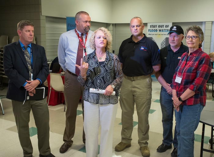 (Rick Egan  |  The Salt Lake Tribune)  Mayor Jackie Biskupski and other city officials speak to the media at Horizonte Training Center, as Salt Lake City, Salt Lake County, and the State of Utah joined efforts to open a Multi-Agency Recovery Center (MARC) for assisting victims of the severe weather event of July 26th. August 1, 2017.