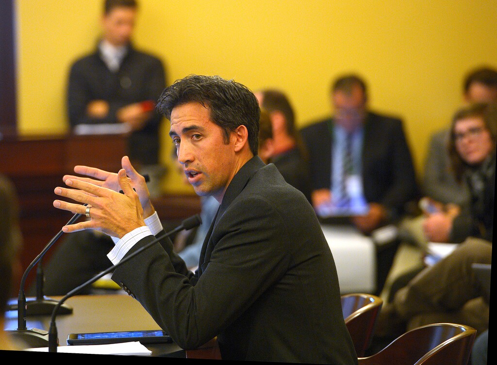 Leah Hogsten  |  The Salt Lake Tribune
Utah Rep. Marc K. Roberts presents his draft legislation on the prohibition on electronic data collection assistance to the Public Utilities and Technology Interim Committee, November 19, 2014.