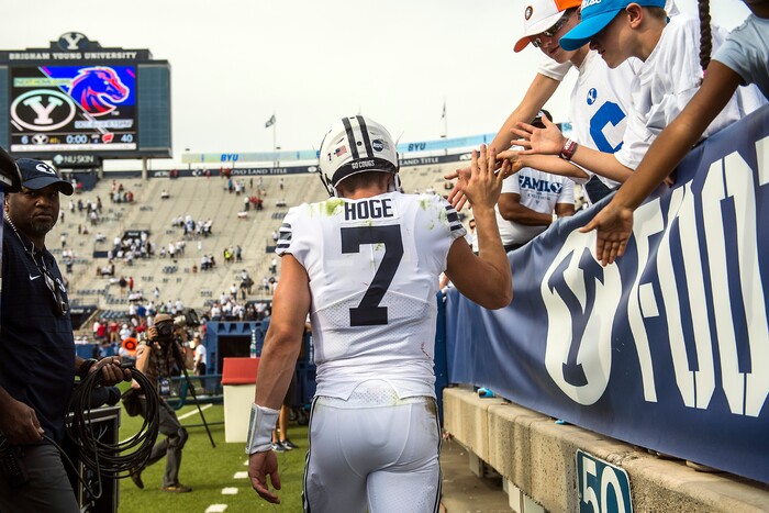 (Chris Detrick  |  The Salt Lake Tribune)   Brigham Young Cougars quarterback Beau Hoge (7) greets fans after the game at LaVell Edwards Stadium Saturday Saturday, September 16, 2017. Wisconsin Badgers defeated Brigham Young Cougars 40-6.