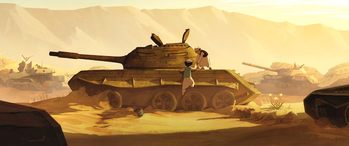 (photo courtesy GKids) Friends Parwana and Shauzia, both girls disguised as boys so they can venture outside without notice of the Taliban, explore a former battlefield, in a scene from the animated drama "The Breadwinner."