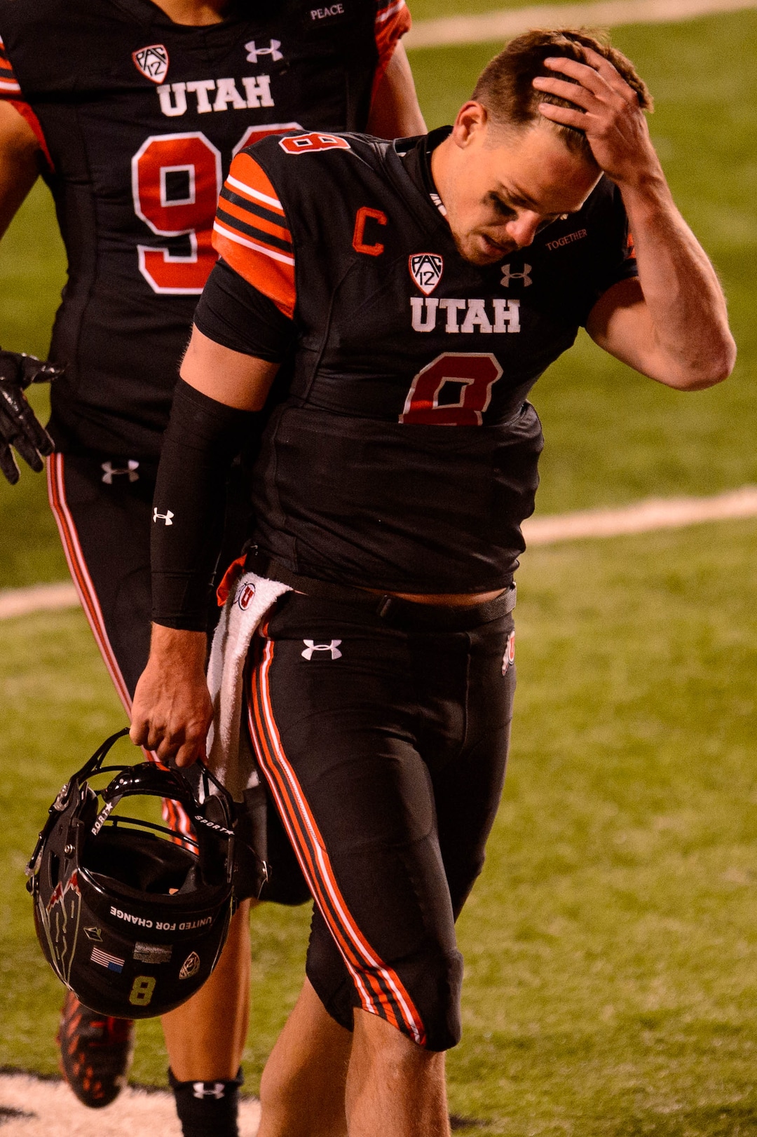 (Trent Nelson  |  The Salt Lake Tribune) Utah Utes quarterback Jake Bentley (8) walks off the field as the Utah Utes lose to the USC Trojans, NCAA football at Rice-Eccles Stadium in Salt Lake City on Saturday, Nov. 21, 2020.