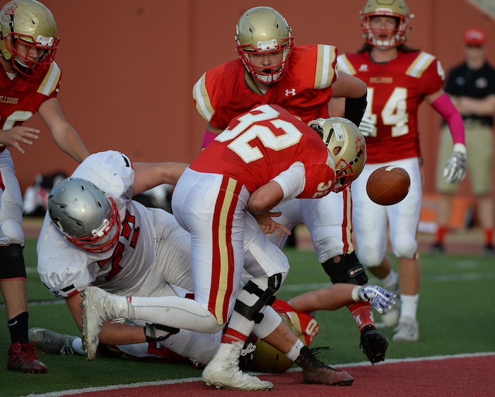 (Francisco Kjolseth  |  The Salt Lake Tribune)  Judge Quarterback Parker Edgington is unable to regain full control of the ball at the end zone but the call goes his way for a touchdown against Manti in the Class 3A football playoff game on Thursday, Oct. 19, 2017. 