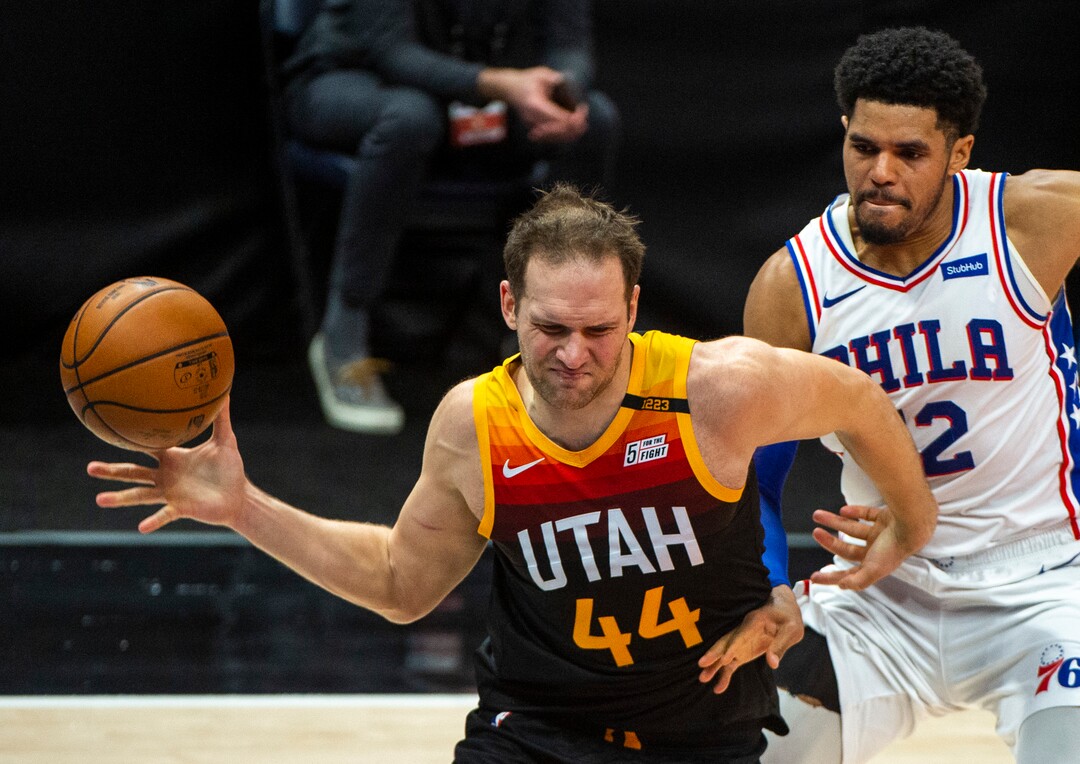(Rick Egan | The Salt Lake Tribune) Utah Jazz forward Bojan Bogdanovic (44) reacts after being poked the eye, as Philadelphia 76ers forward Tobias Harris (12) defends, in NBA action between the Utah Jazz and the Philadelphia 76ers at Vivint Arena, on Monday, Feb. 15, 2021.