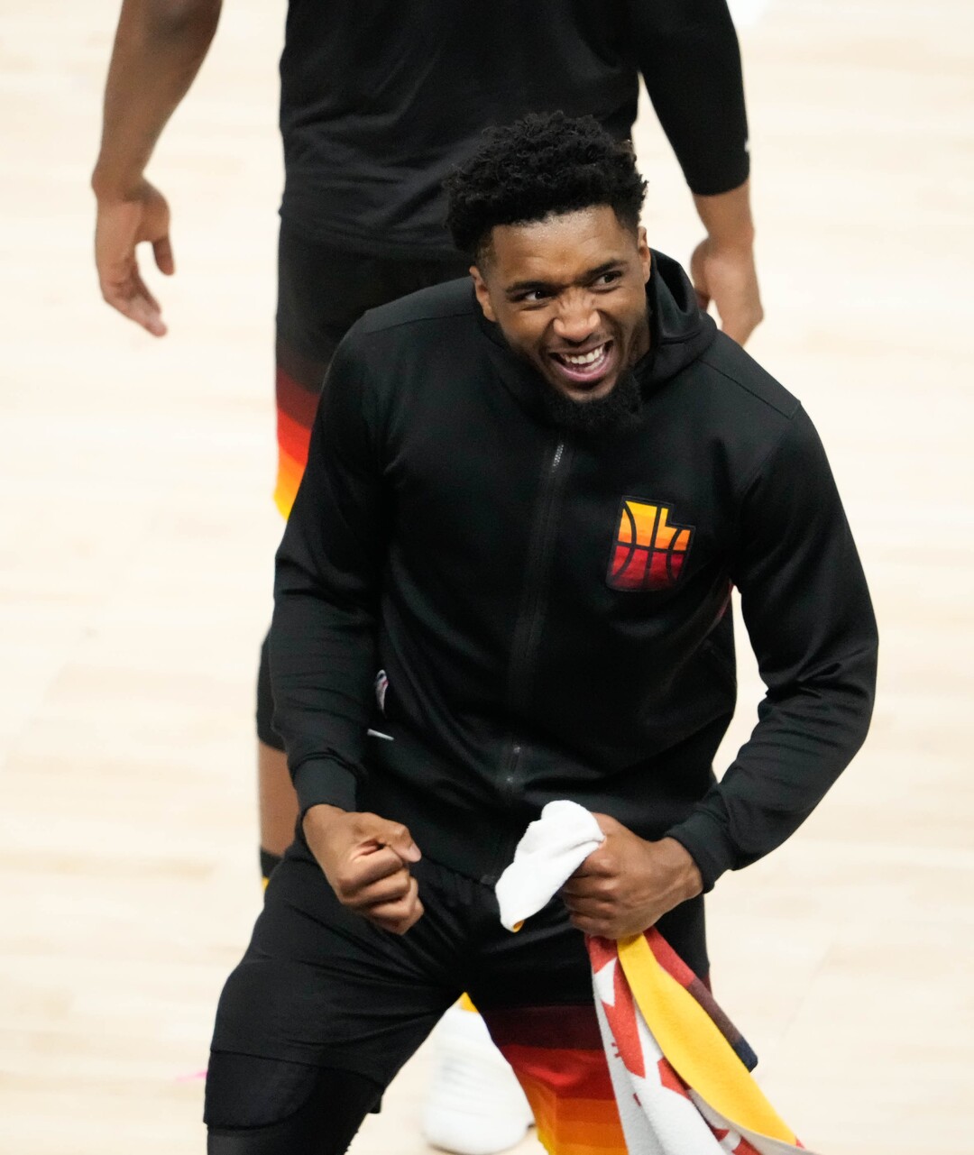 (Francisco Kjolseth | The Salt Lake Tribune) Utah Jazz guard Donovan Mitchell (45) celebrates their 126-110 win over Memphis to advance in the playoffs following Game 5 of their NBA basketball first-round playoff series Wednesday, June 2, 2021, in Salt Lake City, UT.