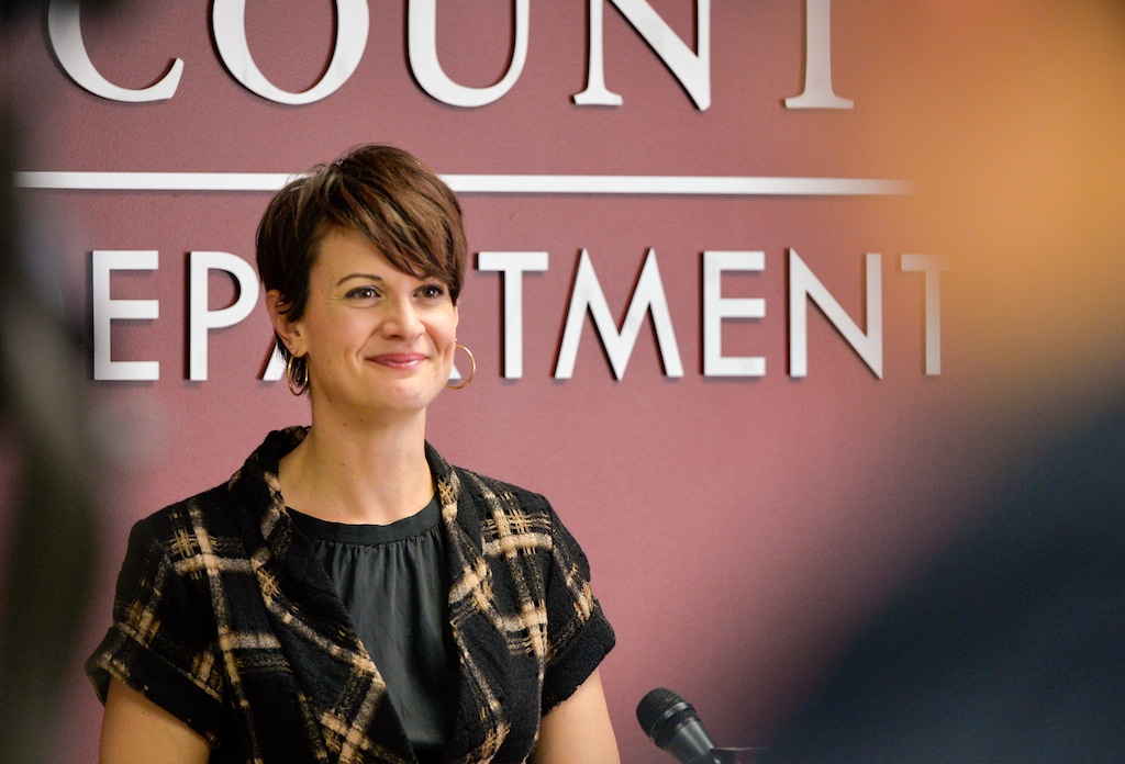 (Chris Samuels | The Salt Lake Tribune) Dr. Angela Dunn, executive director of the Salt Lake County Health Department, briefs reporters during a press conference on Monday, May 23, 2022. Dunn will leave the health department on Feb. 16 to start a new role with the Centers for Disease Control and Prevention.