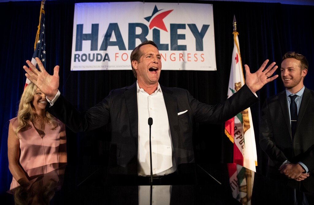 (Kyusung Gong | AP file photo) In this Nov. 6, 2018 file photo, Harley Rouda, Democratic congressional candidate in the 48th district, addresses his supporters at his election night party in Newport Beach, Calif. Voters will decide whether to reward or punish incumbents for their choices. And while Republicans and Democrats acknowledge that other issues like the economy and health care costs could overwhelm impeachment by next November, both sides, but especially the GOP, are already using the bitter impeachment fight as weapons.