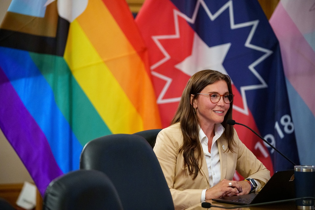 (Trent Nelson  |  The Salt Lake Tribune) Mayor Erin Mendenhall, who proposed three new city flags during a meeting of the Salt Lake City Council on Tuesday, May 6, 2025, also unveiled her budget.