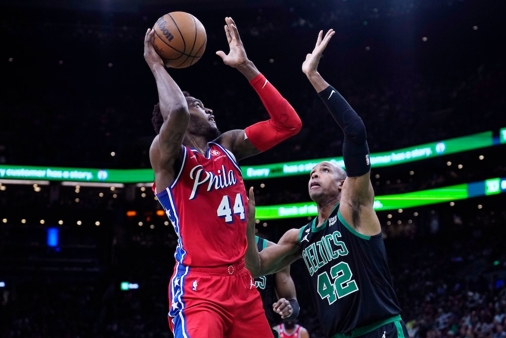 (Charles Krupa | AP) Philadelphia 76ers forward Paul Reed (44) shoots over Boston Celtics center Al Horford (42) during the first half of Game 1 in the NBA basketball Eastern Conference semifinals playoff series, Monday, May 1, 2023, in Boston.
