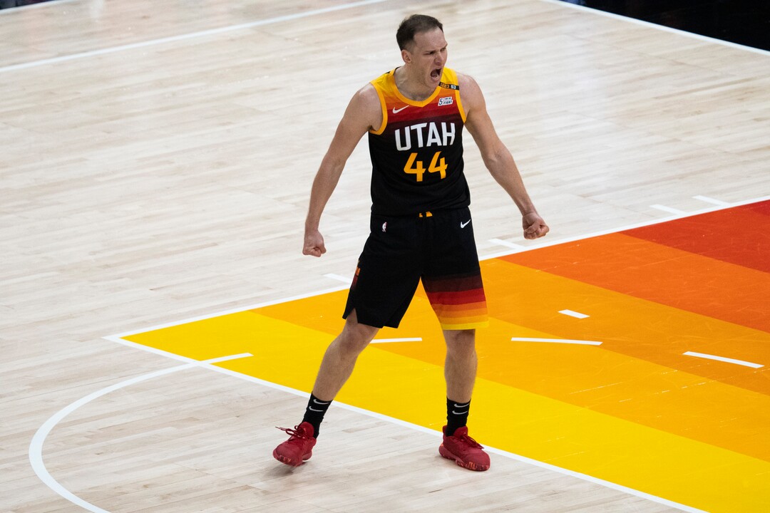 (Rick Egan | The Salt Lake Tribune) Utah Jazz forward Bojan Bogdanovic (44) reacts after sining a 3-pointer to but the Jazz up by 10 points late in the 4th quarter, in NBA action between the Utah Jazz and the LA Clippers, in game one in the second round of the NBA playoff series at Vivint Arena, on Tuesday, June 8, 2021.