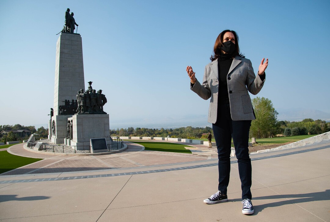 (Francisco Kjolseth  |  The Salt Lake Tribune) Democratic vice presidential candidate Sen. Kamala Harris, D-Calif., makes a brief "cultural stop" to This Is The Place Heritage Park on Saturday, Oct. 3, 2020, as she arrives early to Salt Lake City in anticipation of her upcoming vice presidential debate next week.