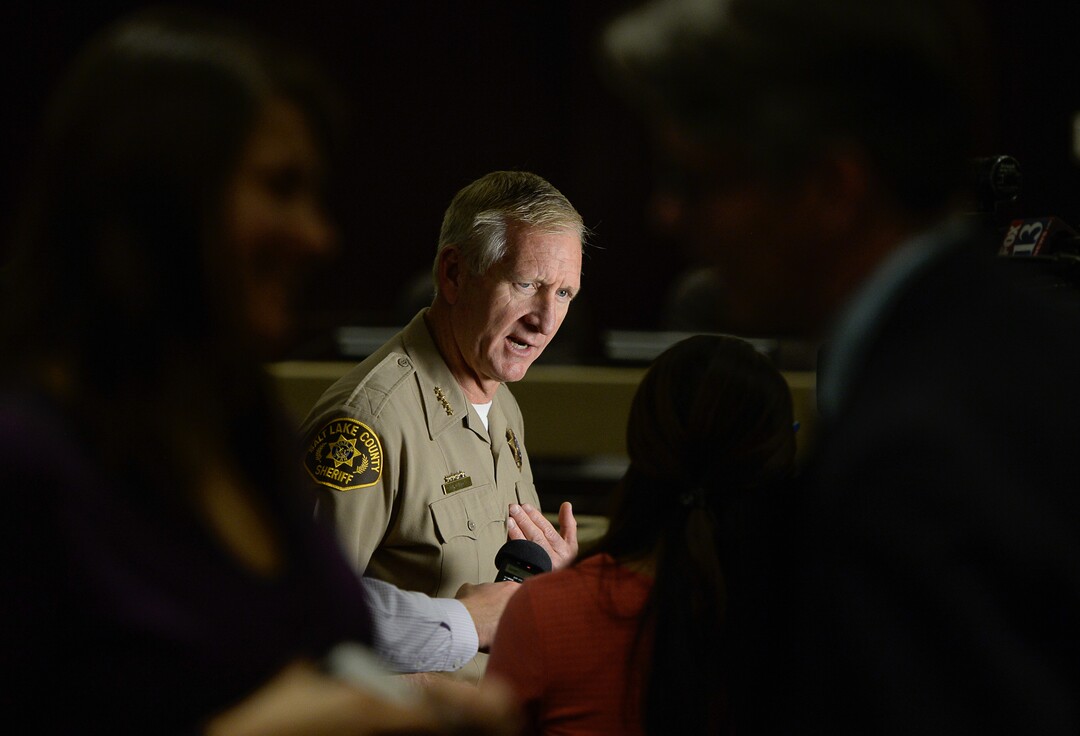 Francisco Kjolseth | The Salt Lake TribuneSheriff Jim Winder does additional interviews following a press event by county and state leaders to discuss steps to address the public safety crisis currently in the Rio Grande area of Salt Lake City at the Salt Lake County Government Center in Salt Lake on Monday, May 1, 2017.