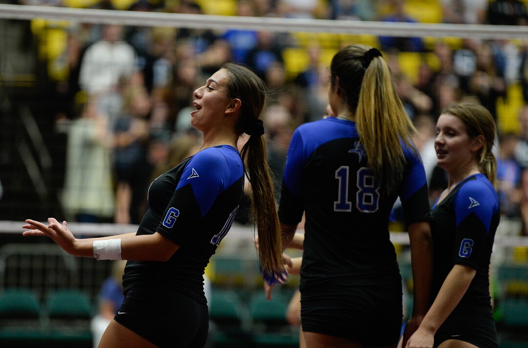 (Francisco Kjolseth  |  The Salt Lake Tribune)  Kazna Tarawhiti of Pleasant Grove celebrates with her team over Syracuse in their quarterfinal match at the UCCU Center at Utah Valley University on Thursday, Nov. 2, 2017. Pleasant Grove went on to win in three straight sets.