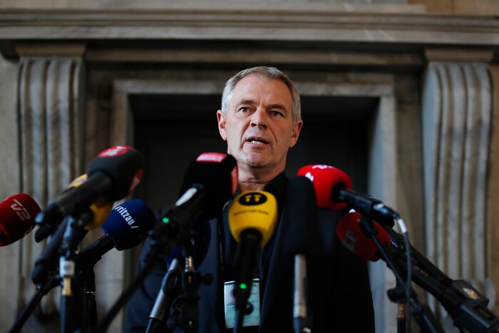 Copenhagen police homicide chief Jens Moeller speaks in a press conference in Copenhagen Wednesday, Aug. 23, 2017.  Danish police said Wednesday that a DNA test from a headless torso found in the Baltic Sea matches with missing Swedish journalist Kim Wall, who is believed to have died on an amateur-built submarine that sank. (Jens Dresling/Ritzau Foto via AP)