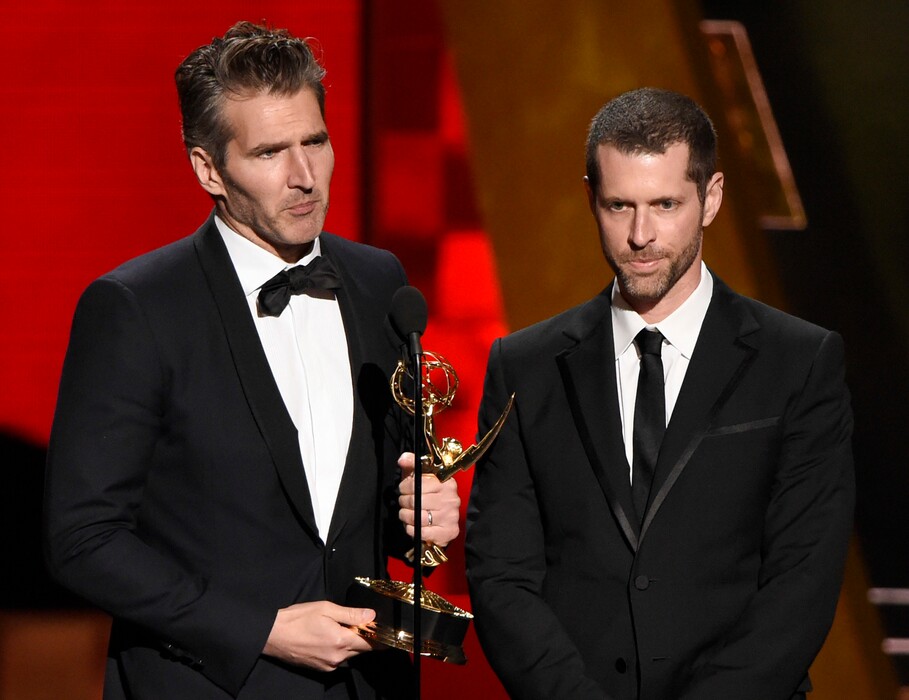 In this Sept. 20, 2015 file photo, creator-showrunners David Benioff, left, and D.B. Weiss accept the award for outstanding writing for a drama series for "Game Of Thrones" at the 67th Primetime Emmy Awards in Los Angeles. HBO’s announcement, Wednesday, July 19, 2017, that Benioff and Weiss will follow "Game of Thrones" with an HBO series in which slavery remains legal in the modern-day South drew fire on social media from those who fear that a pair of white producers are unfit to tell that story and that telling it will glorify racism. The series, “Confederate,” will take place in an alternate timeline where the southern states have successfully seceded from the Union and formed a nation in which legalized slavery has evolved into a modern institution. (Photo by Chris Pizzello/Invision/AP, File)