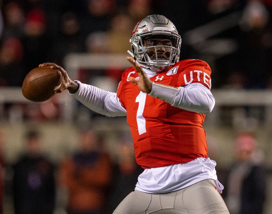 (Rick Egan  |  The Salt Lake Tribune)    Utah quarterback Tyler Huntley (1) throws the ball, in the Utes 45-15 win over the Colorado Buffaloes, in PAC-12 football action at Rice-Eccles Stadium, Saturday, Nov. 30, 2019.