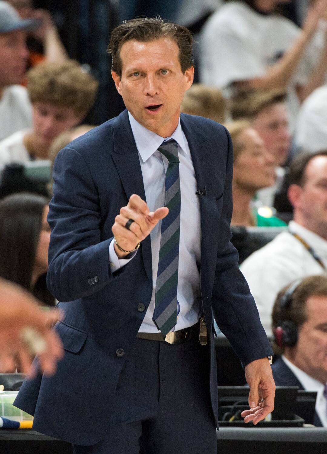 (Rick Egan  |  The Salt Lake Tribune)    Utah Jazz head coach Quin Snyder gives instructions to he is players, in game 4, NBA playoff action between Utah Jazz and Oklahoma City Thunder, in Salt Lake City, Monday April 23, 2018.
